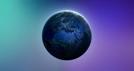 Earth at night on abstract bright background. Modern space wallpaper with planet on color gradient background. Elements of this image furnished by NASA