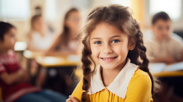 In her classroom, a primary school girl wears a joyful smile, expressing her happiness.