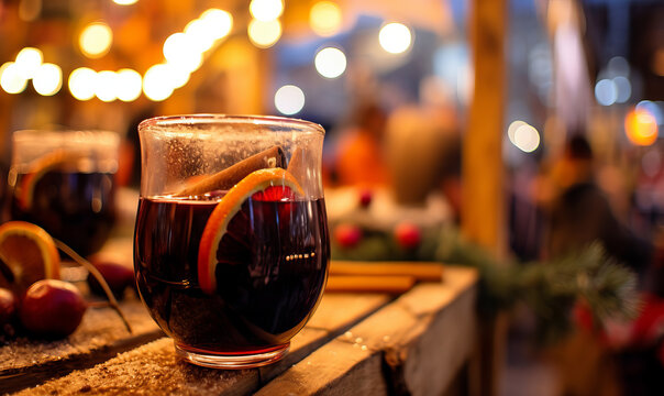 A festive glass of mulled wine on a bar at an evening christmas market