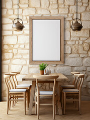 Weathered Oak Table, Spindle Chairs on Flagstone Floor, Mock Up Poster on Stucco Wall. Rustic Country-Style Dining Room.