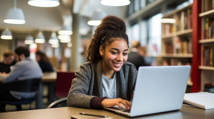 Portrait of a smiling african american college student or workplace using laptop in library