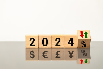 2024, exchange rates, economic and financial analysis, wooden blocks with symbols of major...