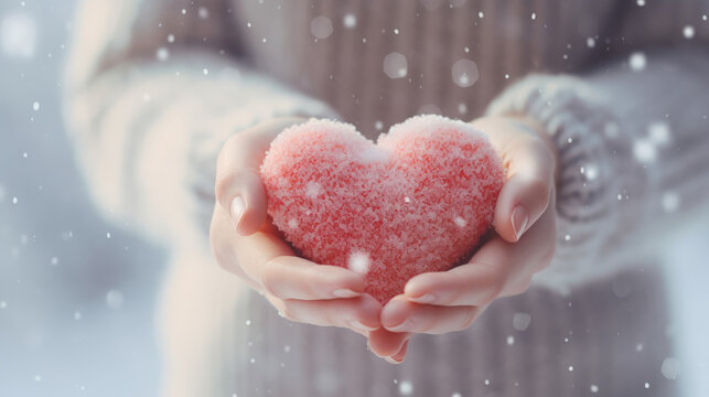 This image features a snow heart cradled in hands, symbolizing winter's tenderness and romance, ideal for Valentine's Day.