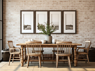 Fototapeta na wymiar Reclaimed Wood Table, Ladder Back Chairs on Brick Floor, Wainscoting Wall. Vintage Country-Style Dining Room.