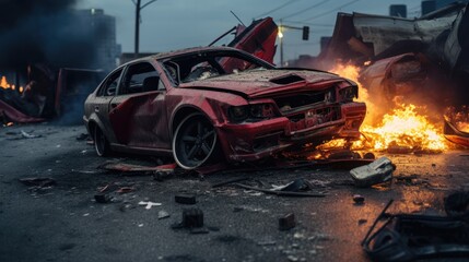 Car accident on the road. Car accident causing fire on the road.