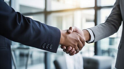 Close-up of businessman handshake with partner to celebration partnership and business deal concept.