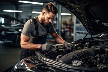 Professional auto mechanic is repairing a car in a garage or service center. - obrazy, fototapety, plakaty