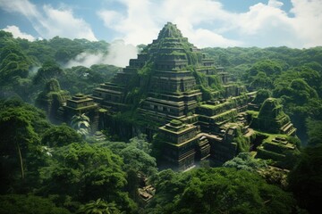 Chimu ruins, Nazca ruins, Mapuche ruins. Vast tropical rain forest. Lush jungle. Blue sky. Fantasy forest. Large stone temple in the jungle.