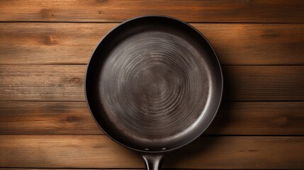 Old rusty round cast iron frying pan on grey cement background, view from above - obrazy, fototapety, plakaty