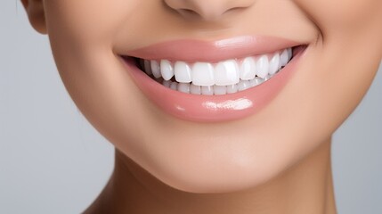 Toothy smile of happy young woman showing healthy white teeth. Dental patient promoting dentist service, stomatology, enamel bleaching, whitening, oral hygiene. Cropped close up shot