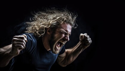 Fototapeta premium Dark background. Grunge and grain texture. Dust scratches. Man, male, he, masculine. uprising, angry, expression, horror concept. wavy blond long hair. beard. blue t-shirt. handsome. closed fists. 