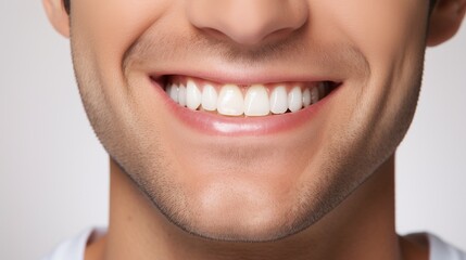 Toothy smile of happy dark skinned young man showing healthy white teeth. Dental patient promoting dentist service, stomatology, enamel bleaching, whitening, oral hygiene. Cropped close up shot