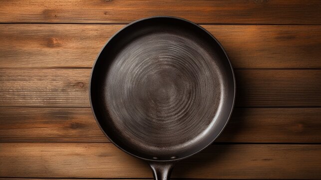 Old Rusty Round Cast Iron Frying Pan On Grey Cement Background, View From Above