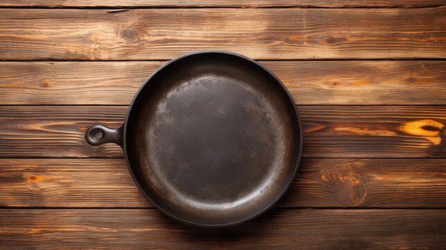 Old Rusty Round Cast Iron Frying Pan On Grey Cement Background, View From Above