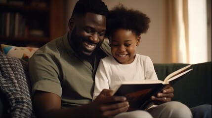 Happy father relax and read book with baby time together at home. parent sit on sofa with daughter and reading a story. learn development, childcare, laughing, education, storytelling, practice.
