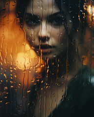 A beautiful woman standing behind a window at night city while its raining