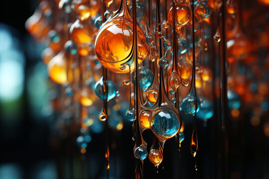An abstract sculpture made of metal wires and glass beads, resembling raindrops suspended in mid-air,  