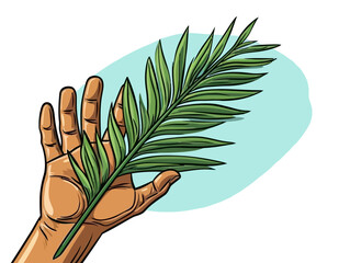 Doodle Palm branch with Jesus, cartoon sticker, sketch, vector, Illustration, minimalistic