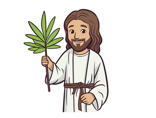 Doodle Palm branch with Jesus, cartoon sticker, sketch, vector, Illustration, minimalistic