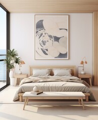 Modern minimalist bedroom in light colors with a bed in the center