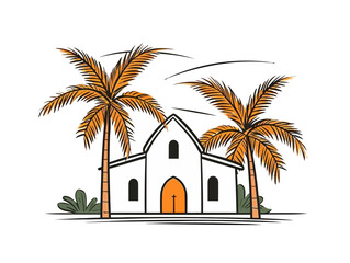 Doodle Palm branch with church, cartoon sticker, sketch, vector, Illustration, minimalistic