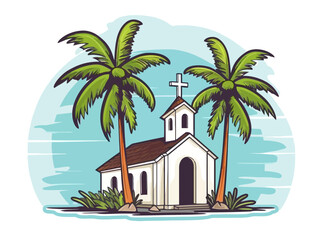 Doodle Palm branch with church, cartoon sticker, sketch, vector, Illustration, minimalistic