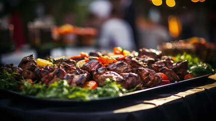 This appetizing image features a plate of perfectly grilled meat, elegantly displayed on a wedding or restaurant buffet, promising a delightful culinary experience for attendees. - obrazy, fototapety, plakaty