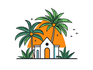 Doodle Palm branch with church, cartoon sticker, sketch, vector, Illustration, minimalistic