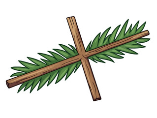 Doodle Palm branch with cross, cartoon sticker, sketch, vector, Illustration, minimalistic