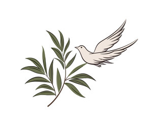 Doodle Palm branch with dove, cartoon sticker, sketch, vector, Illustration, minimalistic