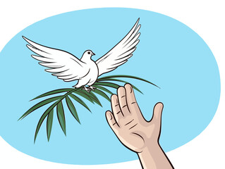 Doodle Palm branch with dove, cartoon sticker, sketch, vector, Illustration, minimalistic