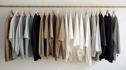 Generative AI, Colorful muted colors t-shirts on hangers, apparel background, print on demand concept, cloth store