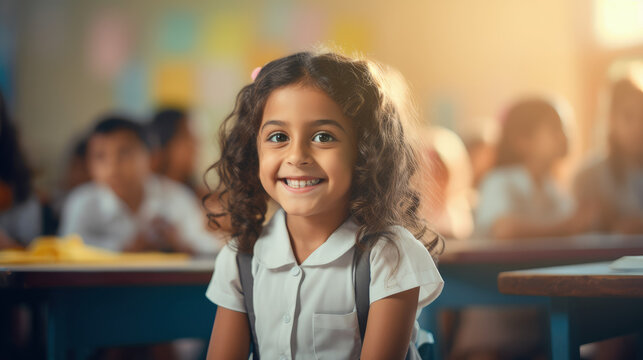 In her classroom, a primary school girl wears a joyful smile, expressing her happiness.