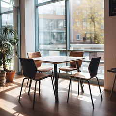 Fototapeta na wymiar Table with four chairs around it next to a window with good lighting to study, Generative AI