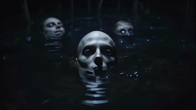 Horror Movie Style Animations of Water Zombies Floating in Black Swamp Water. Slow Motion Footage. Creepy Undead People Floating in the Water. Scary Halloween / Fantasy Animated Background. Five Clips