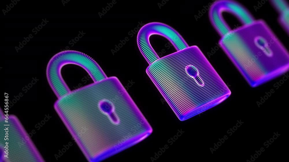 Poster row of 3d blue glowing closed padlocks with keyhole on black background. cyber security and digital 
