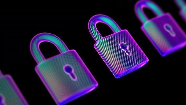 Row of 3D blue glowing closed padlocks with keyhole on black background. Cyber security and digital data protection abstract concept. Looped animation of information safety and privacy in internet
