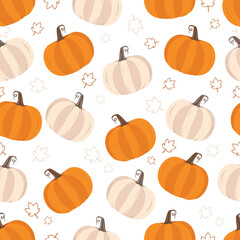 Flat style pumpkins and leaves seamless pattern design minimal style pumpkins texture with autumn leaves repeatable and printable pumpkin texture. Halloween and Holiday and Pumpkin Concept Design.