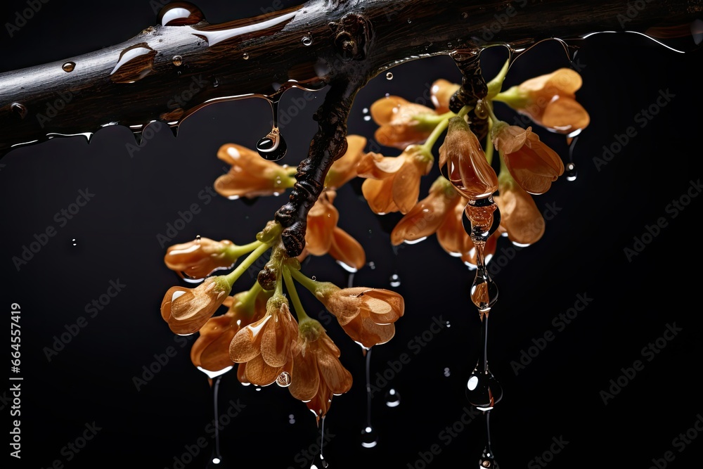 Aufkleber a branch of a tree with water drops hanging from it. generative ai