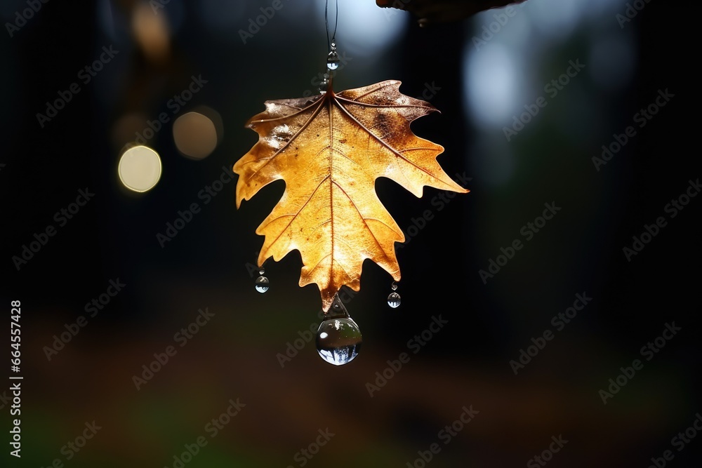 Poster a maple leaf hanging from a branch with water droplets hanging from it. generative ai