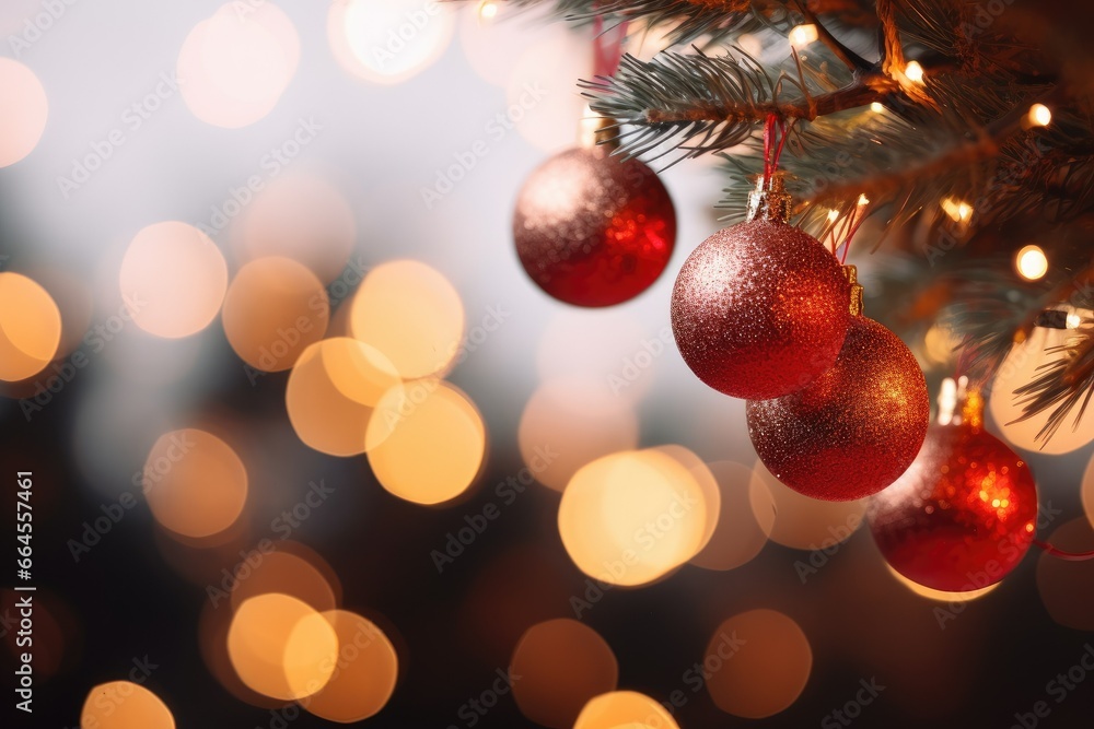 Poster a close up of a christmas tree with red balls hanging from it. generative ai
