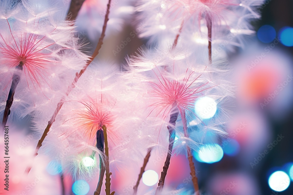 Poster a close up of a bunch of dandelions with lights in the background. generative ai