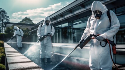 Naklejka premium Guardians of Health - Disinfectant Workers in Full Gear, Safeguarding Public Spaces with Outdoor Viral and Bacterial Disinfection