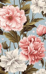Flower and plant. Floral classic seamless print in shabby chic style. Flowers vector illustration: peony, rose, aster, leaves and plants for background, pattern and wallpaper. Generative AI.