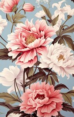 Flower and plant. Floral classic seamless print in shabby chic style. Flowers vector illustration: peony, rose, aster, leaves and plants for background, pattern and wallpaper. Generative AI.