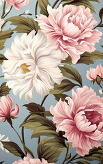 Flower and plant. Floral classic seamless print in shabby chic style. Flowers vector illustration: peony, rose, aster, leaves and plants for background, pattern and wallpaper. Generative AI.