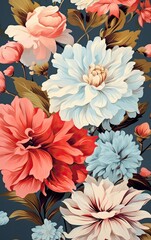 Flower and plant. Floral classic seamless print in shabby chic style. Flowers vector illustration: peony, rose, aster, leaves and plants for background, pattern and wallpaper. Generative AI.