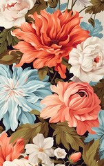 Flower and plant. Floral classic seamless print in shabby chic style. Flowers vector illustration: peony, rose, aster, leaves and plants for background, pattern and wallpaper. Generative AI.