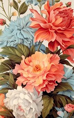 Flower and plant. Floral classic seamless print in shabby chic style. Flowers vector illustration: peony, rose, aster, leaves and plants for background, pattern and wallpaper. Generative AI.