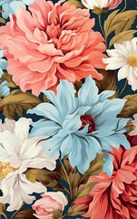 Flower and plant. Floral classic seamless print in shabby chic style. Flowers vector illustration: peony, rose, aster, leaves and plants for background, pattern and wallpaper. Generative AI.